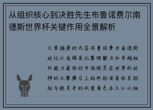 从组织核心到决胜先生布鲁诺费尔南德斯世界杯关键作用全景解析